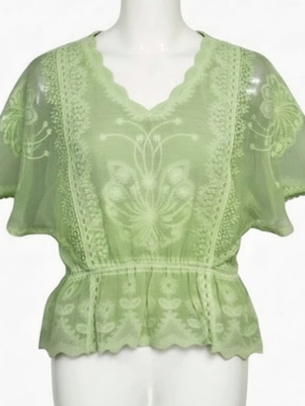 New York & Company Green Embroidered Peplum Blouse Like New